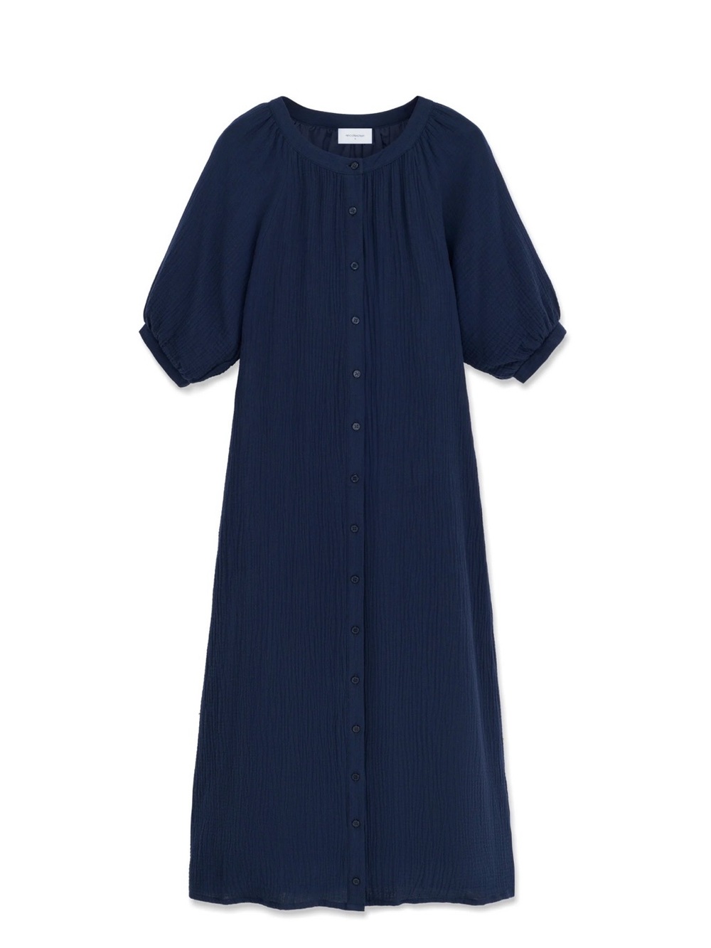 Gauze Navy Button-Front Puff Sleeve Maxi Dress